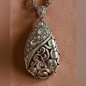 Silver Tone Two Chain Pendant Necklace. With crystals on pendant and loop. 10”